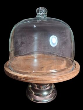 Clear Glass Dome Cake Stand with Natural Wood Base